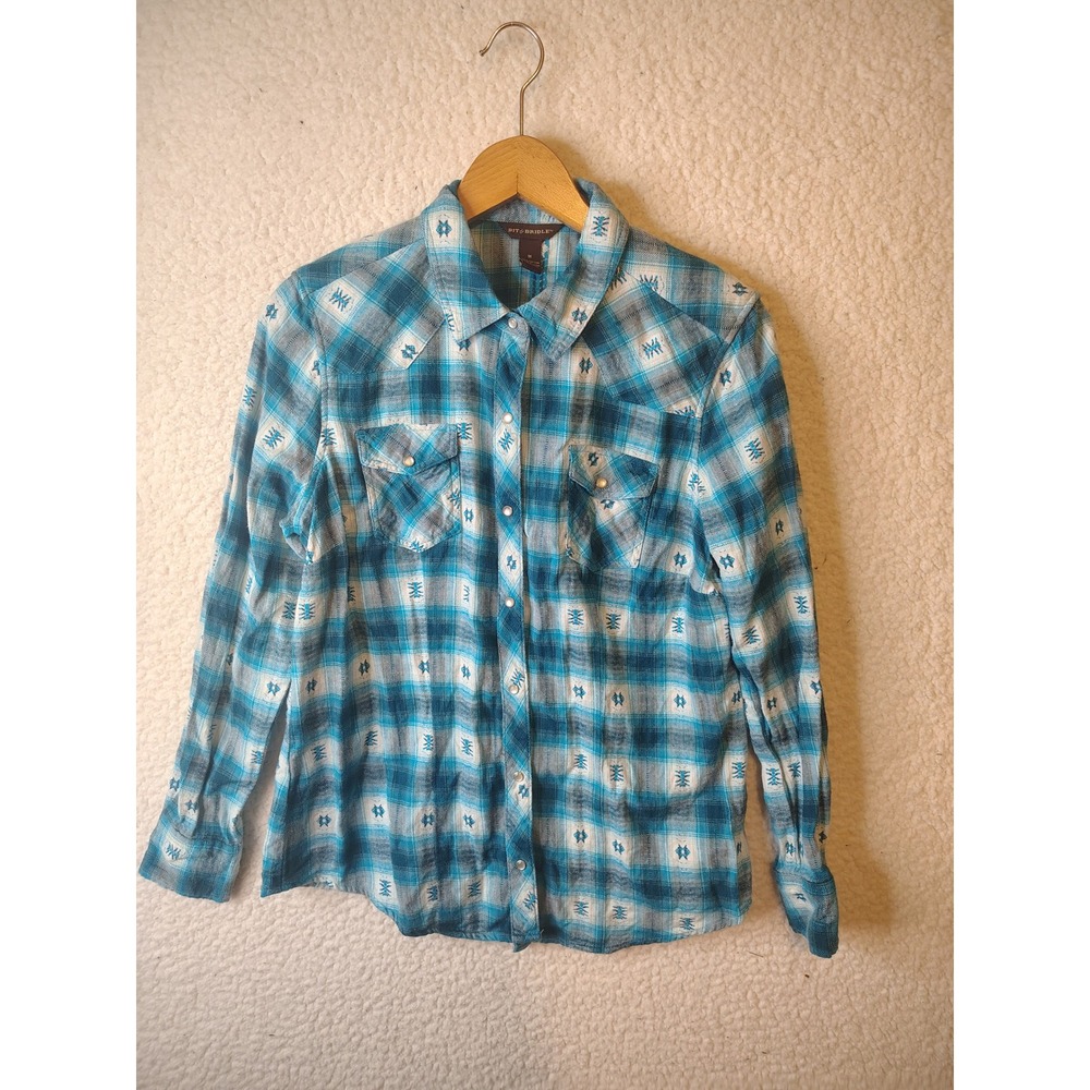 Bit & Bridle Womens Blue Plaid Western Snap Button Shirt Embroidered Cotton M